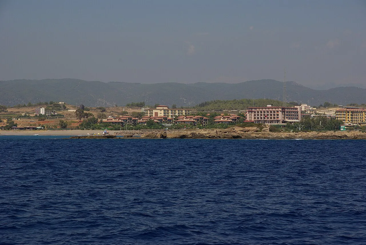 Hotels along the Manavgat coastline seen from the sea.