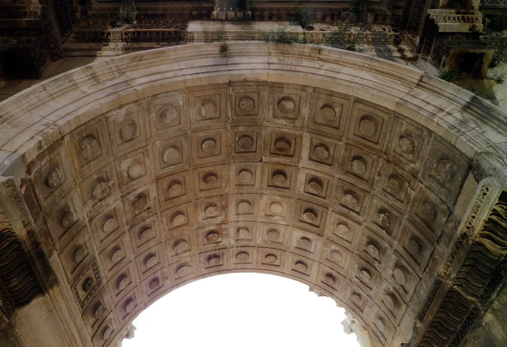 Carved coffered vault inside one of the arches of Hadrian's Gate, Antalya.
