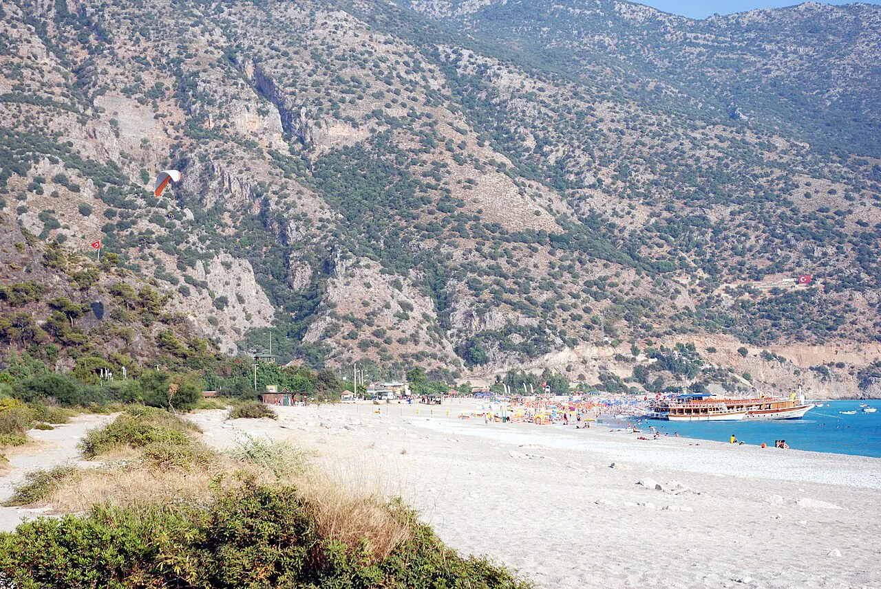 Ölüdeniz beach and lagoon below the mountains.