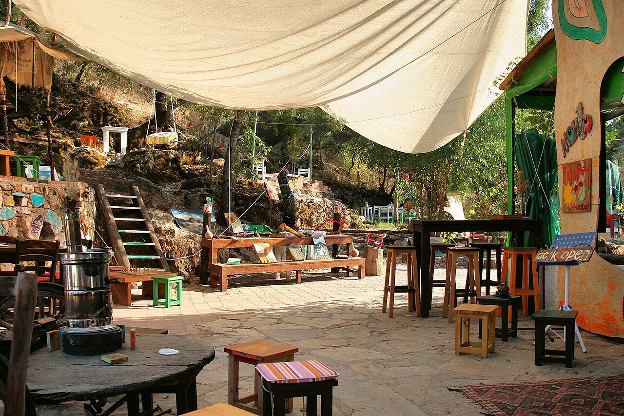 A café hung with handicrafts in Kayaköy, a short drive over the hill from Hisarönü.