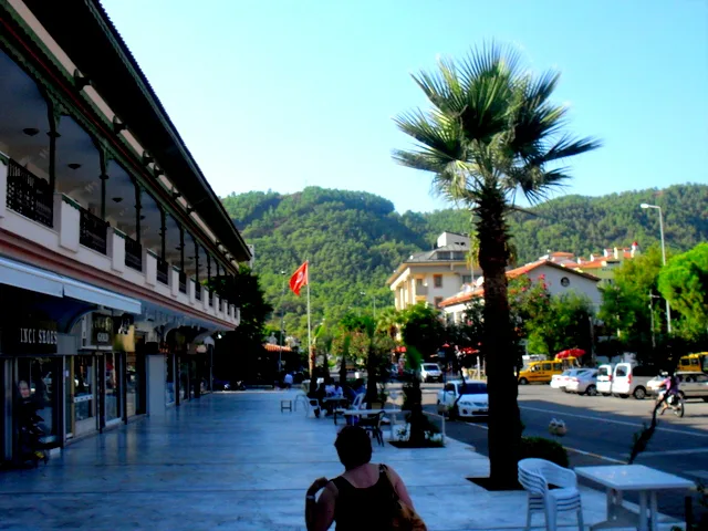 A shopping street lined with palms in İçmeler.