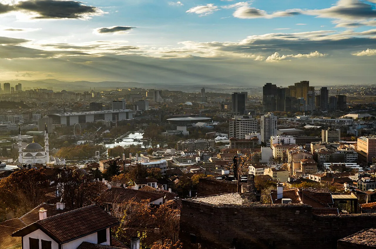 Historic houses and modern Ankara seen from the castle.