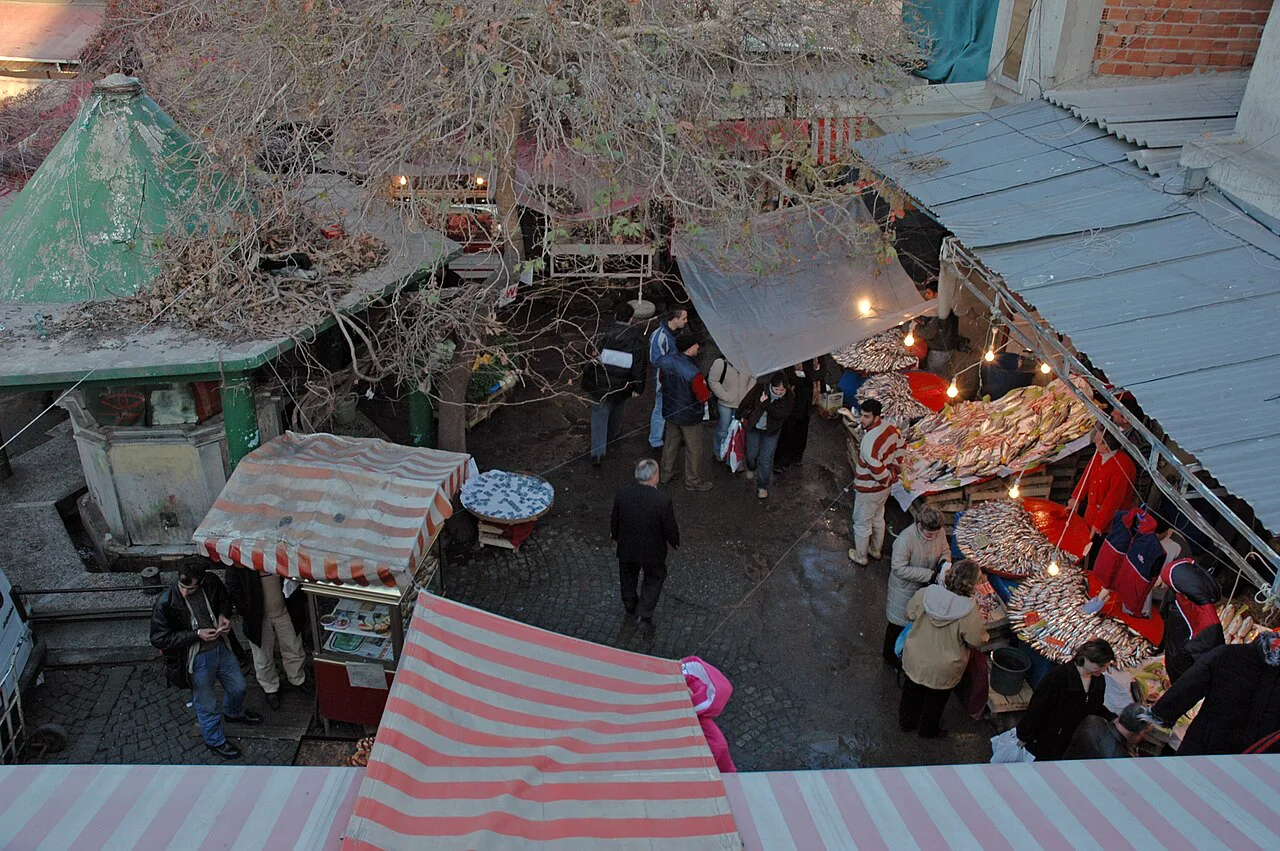 Stalls and shoppers in Kemeraltı market, İzmir, seen from above.