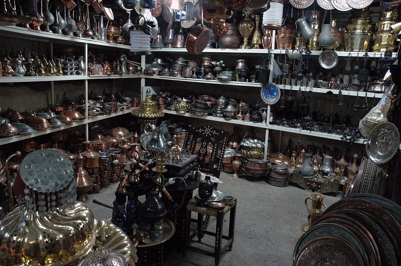 Copperware and metal goods in a shop in Kemeraltı market, İzmir.
