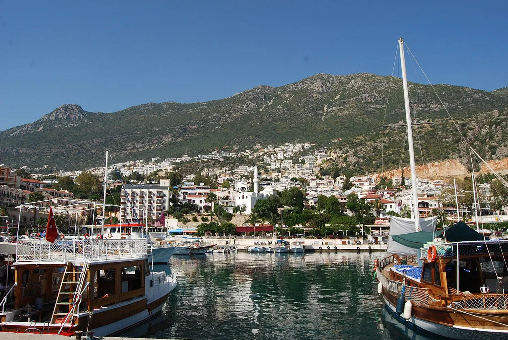 Kalkan harbour with the town rising up the hillside behind.