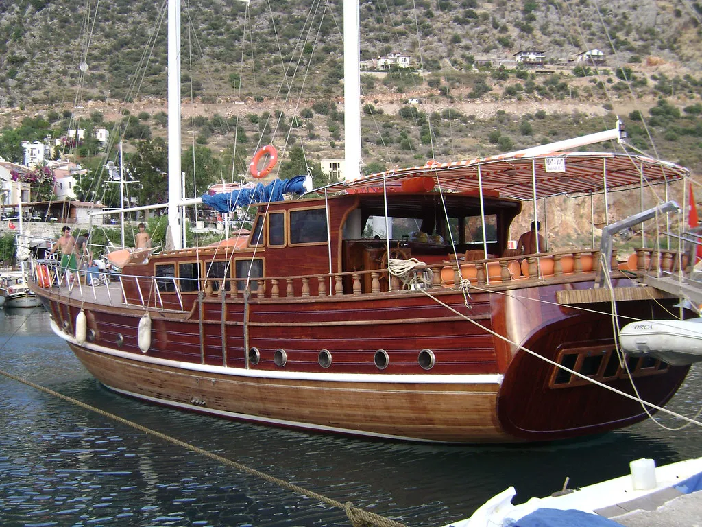 A wooden gulet moored in Kalkan harbour.
