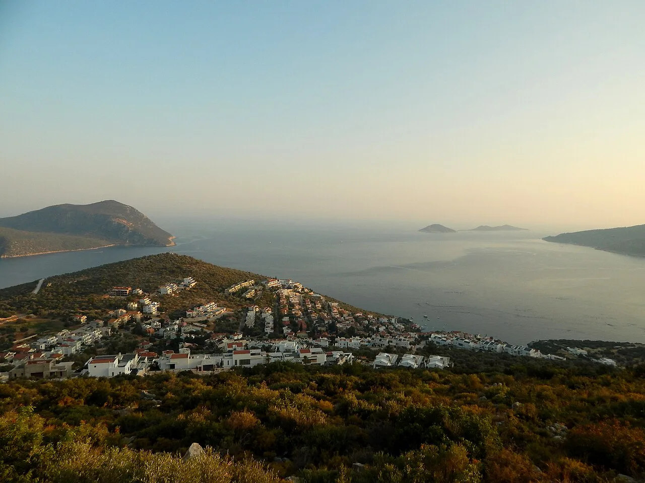 Kalkan bay at golden hour seen from the hillside.