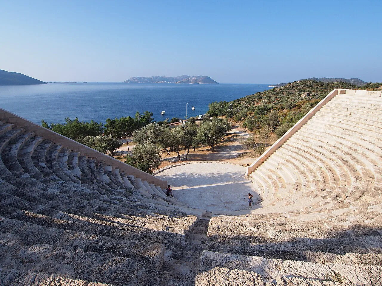 Stone seating of the Antiphellos theatre with the sea beyond, Kaş.