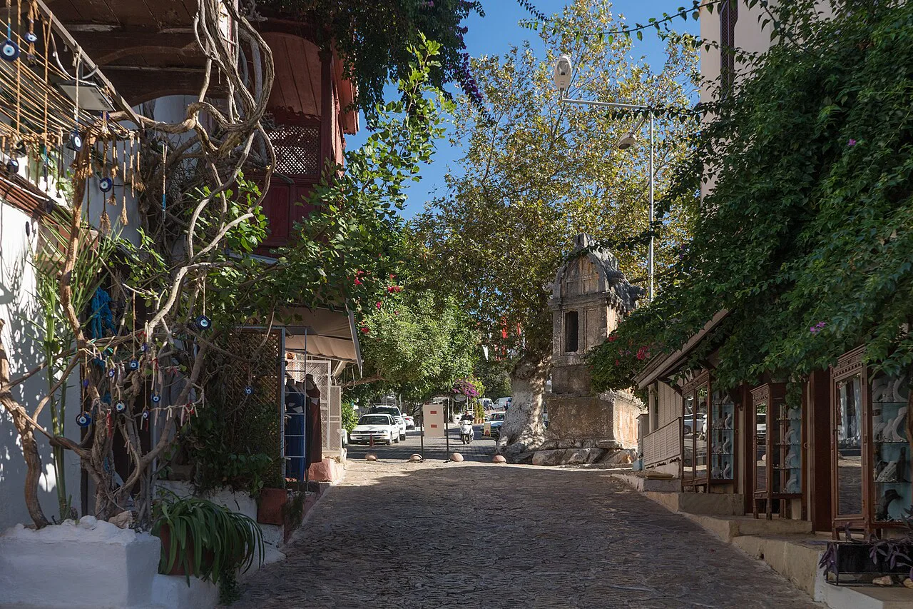 A stone-paved street in Kaş old town.
