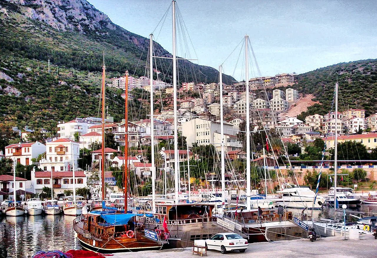 Gulets and yachts in Kaş harbour below the town.