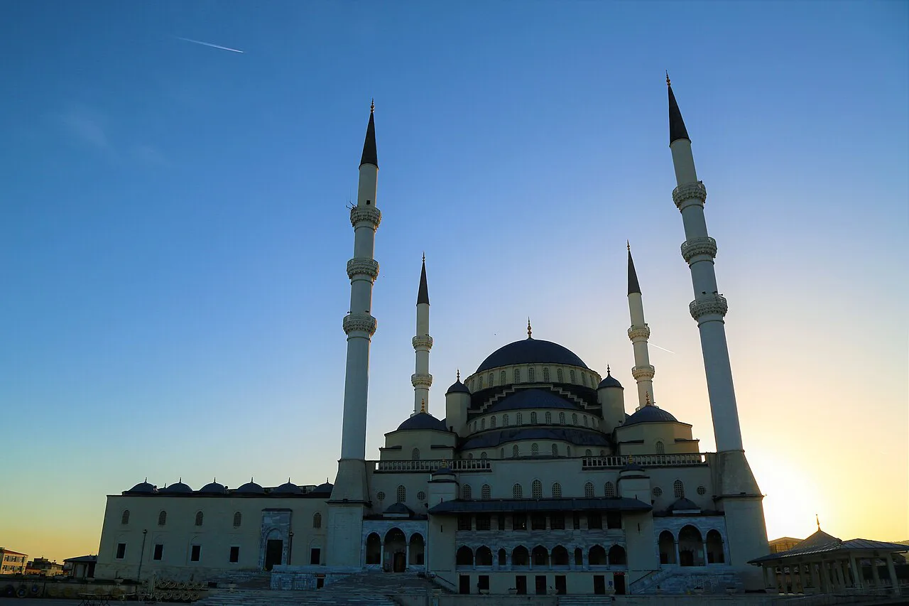 Kocatepe Mosque and its minarets at dusk, Ankara.