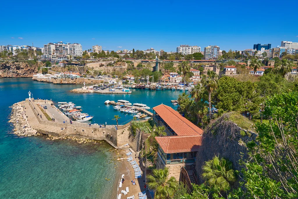 Antalya's old harbour and breakwater seen from above.