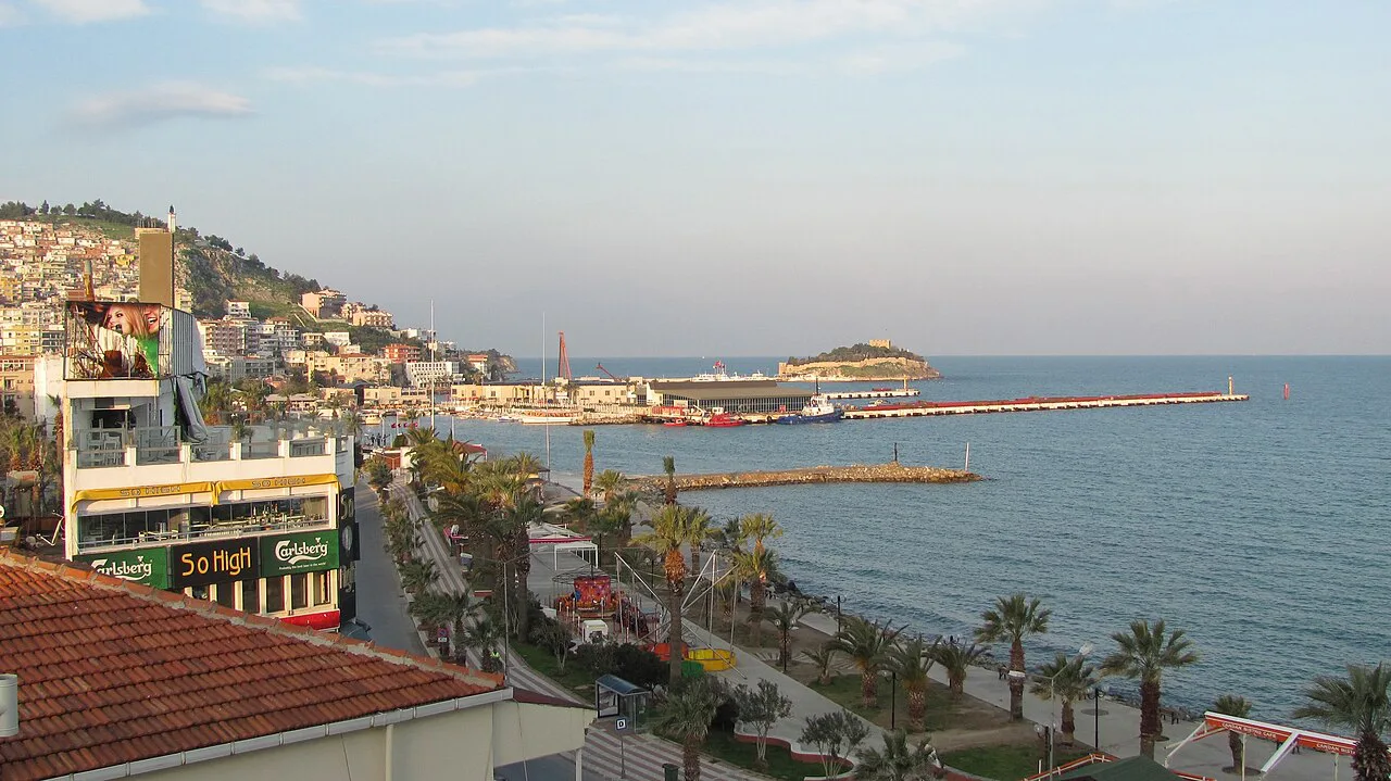 The Kuşadası seafront promenade and shoreline.