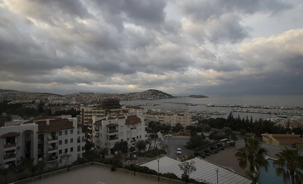 Kuşadası Marina and the town on a cloudy morning.