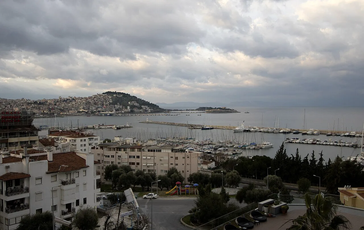 Morning view over Kuşadası Marina and the hillside town.
