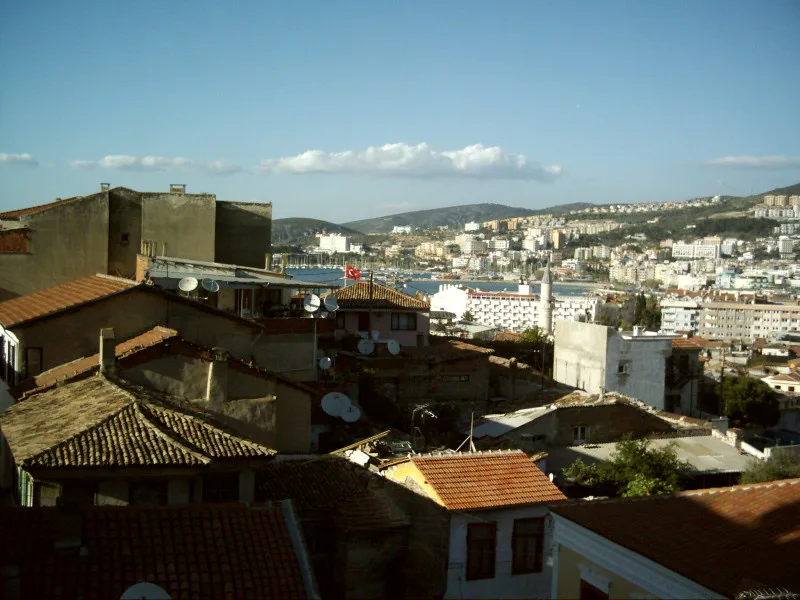 Rooftops of Kuşadası stretching towards the sea.