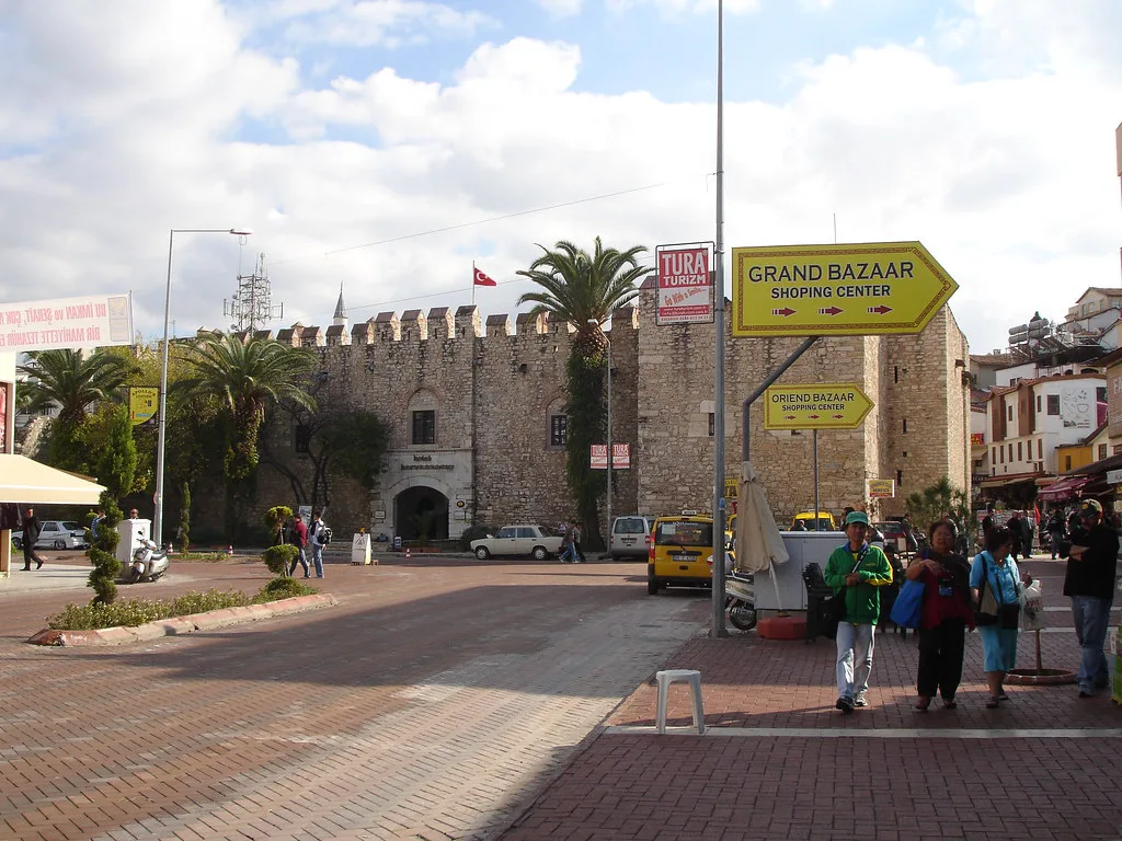 The crenellated walls of the old caravanserai in Kuşadası town centre.