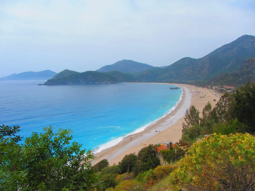The long beach at Ölüdeniz seen from the hills along the Lycian Way.