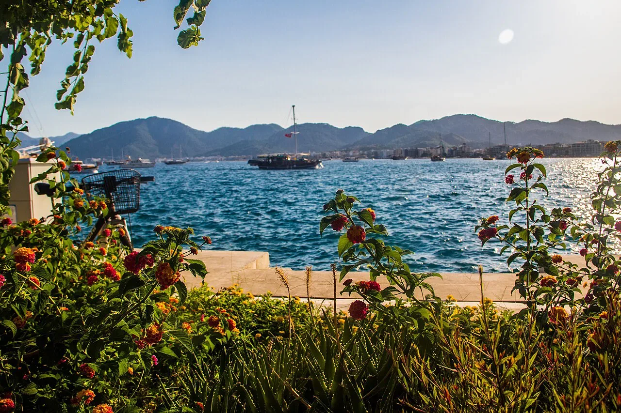 Marmaris bay framed by flowering shrubs on the seafront.