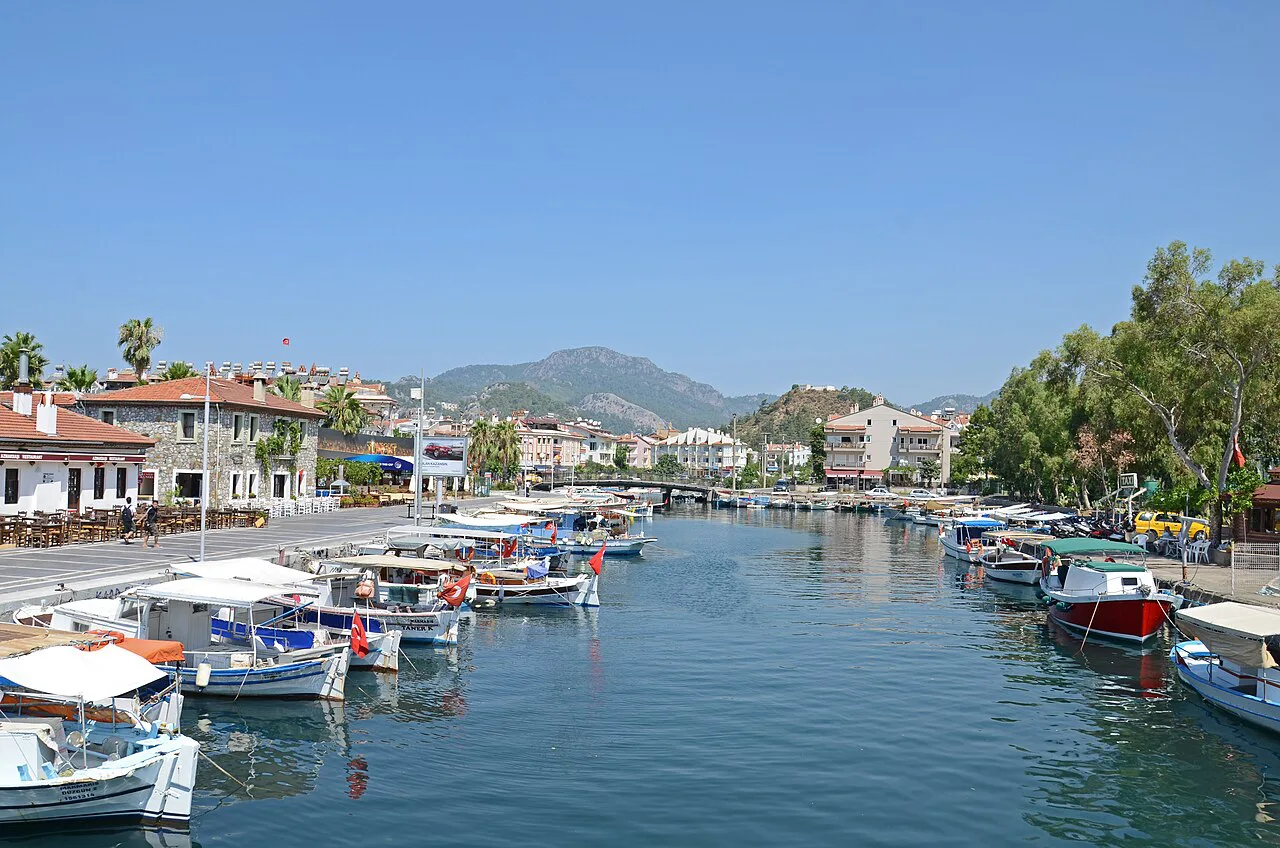 Boats moored along the canal in Marmaris.