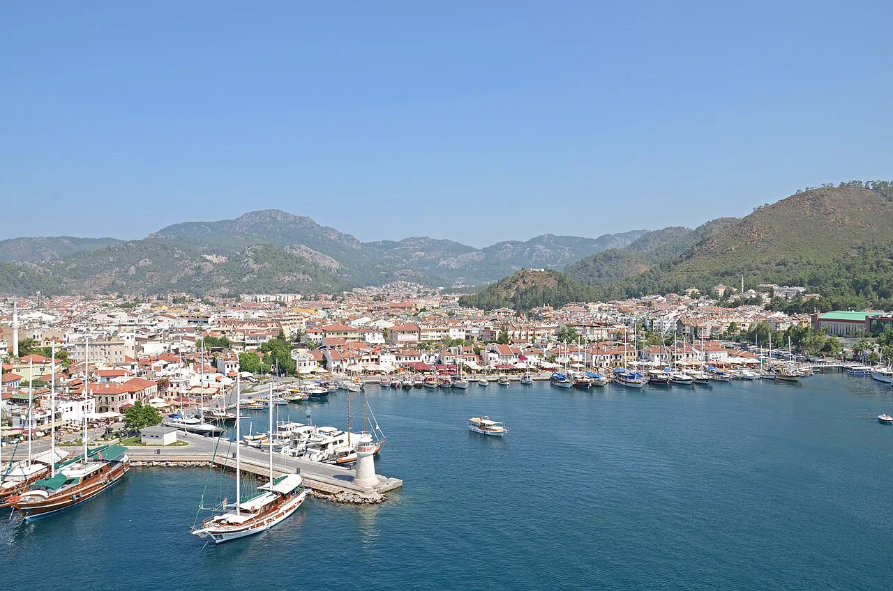 Marmaris town and marina seen across the bay.