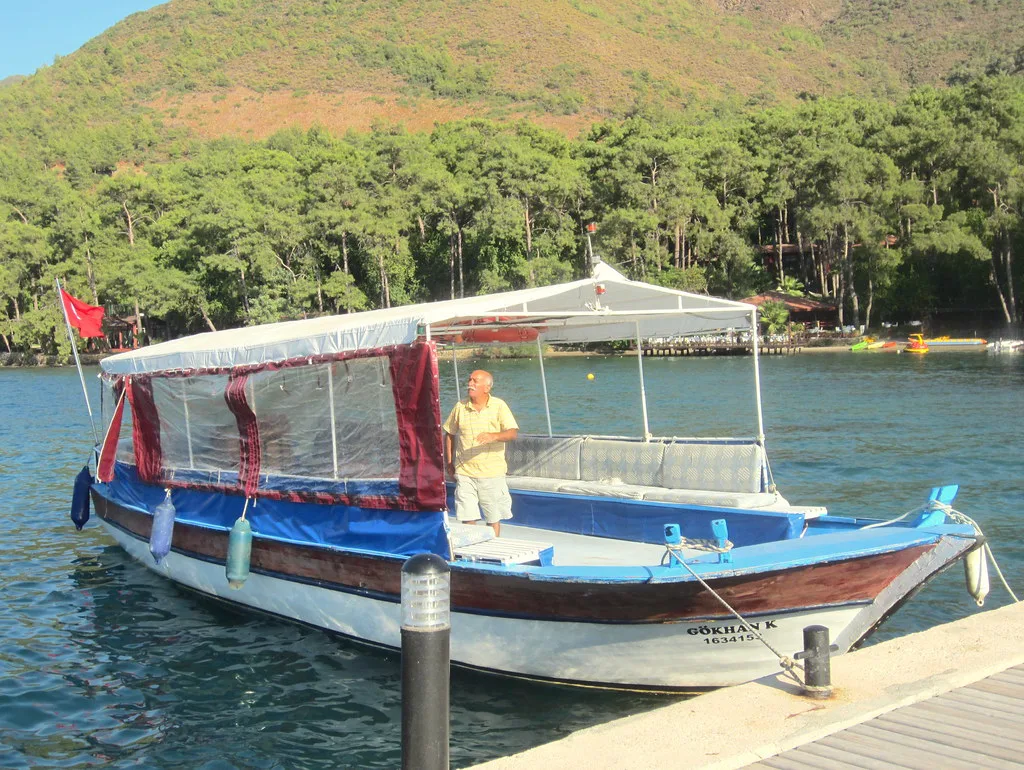 A wooden excursion boat moored at the waterfront in Marmaris.
