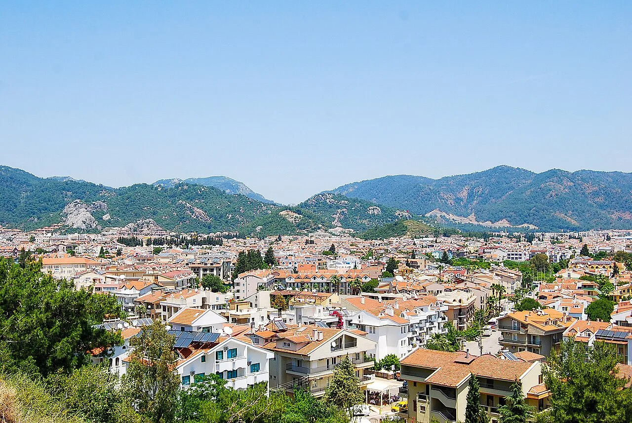 Marmaris town below the wooded mountains that ring the bay.