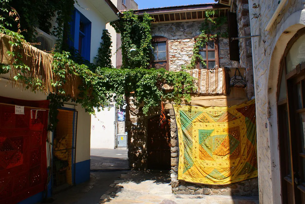 A narrow lane with vines and old houses in Marmaris old town.