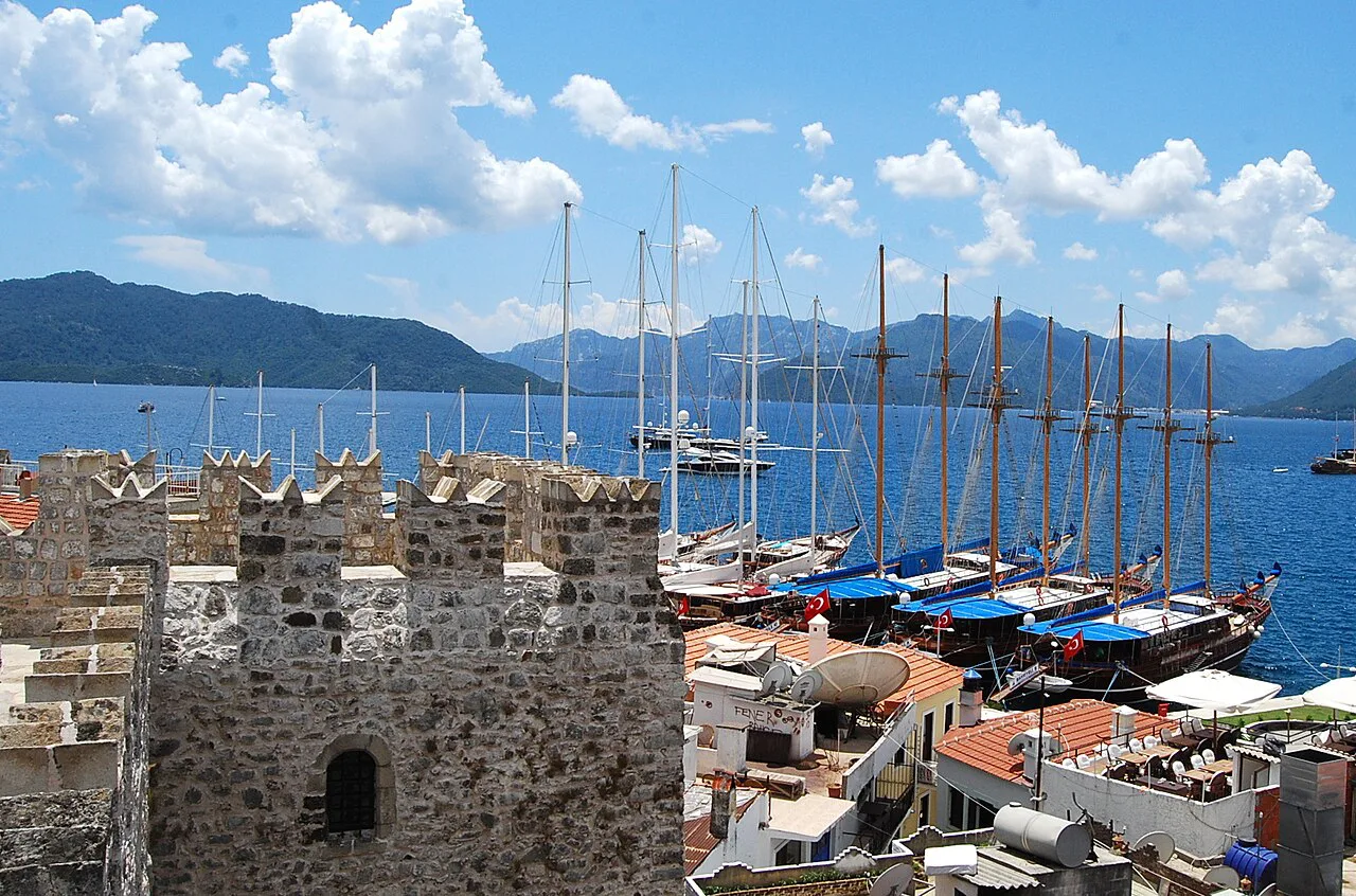 Marmaris Castle above the gulets moored in the harbour.