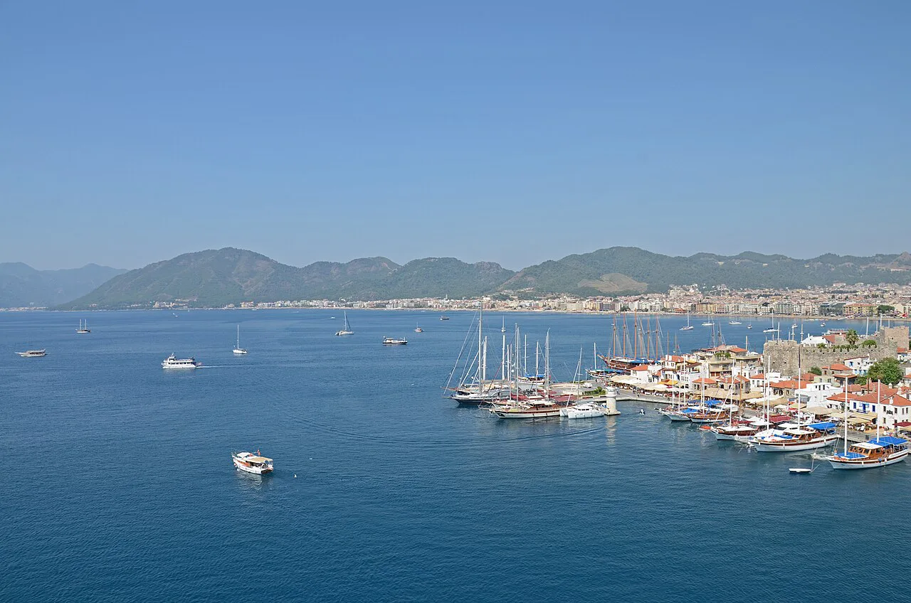 Marmaris marina and bay seen from above.