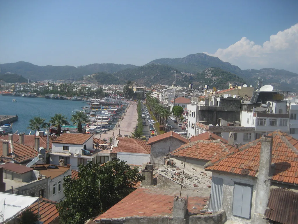 Rooftops of Marmaris with the bay and mountains behind.
