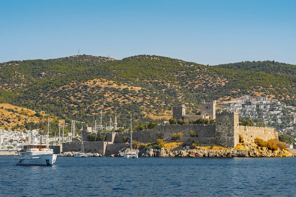 Bodrum Castle and the marina below the town's hillside houses.