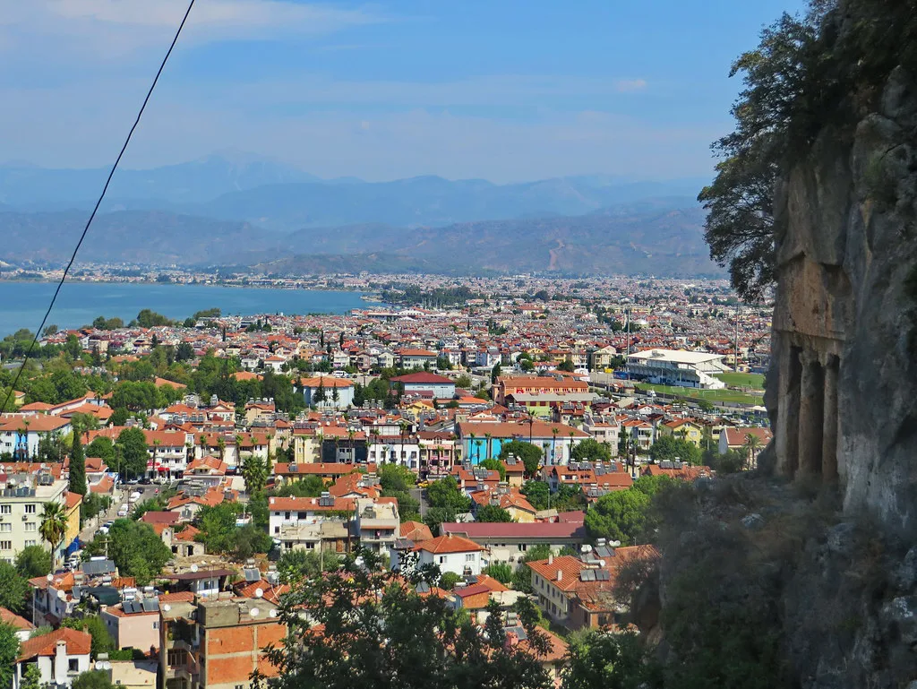 Fethiye town and bay seen from beside the Amyntas rock tombs.
