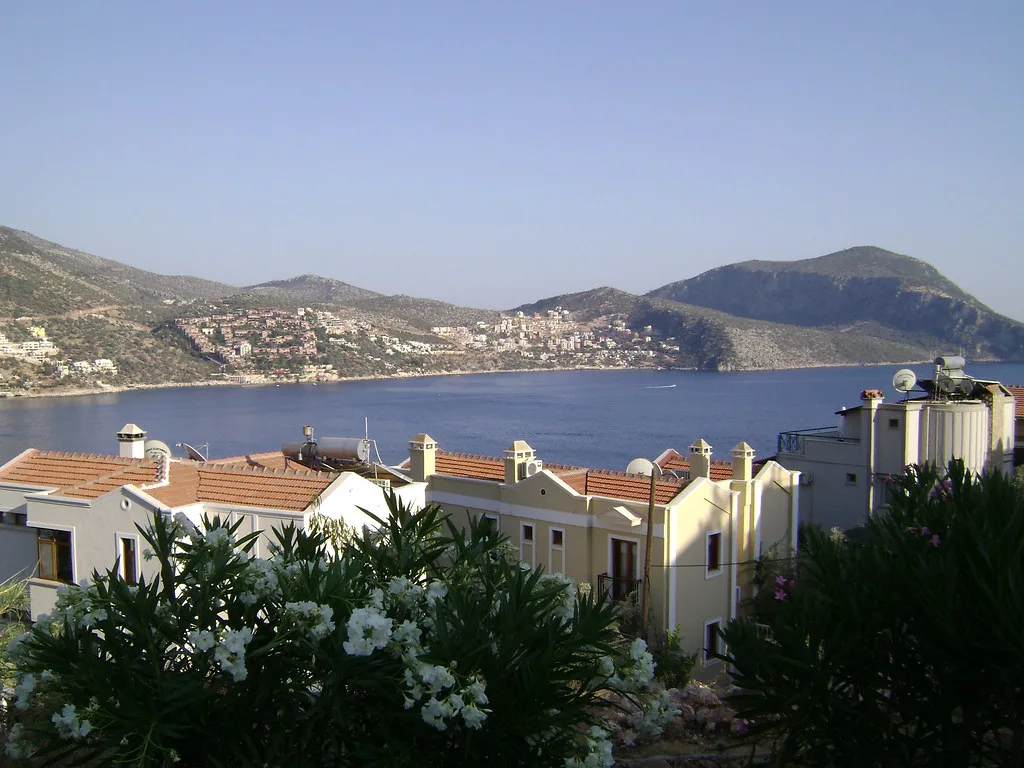 Kalkan Bay with the town's white houses on the hillside.