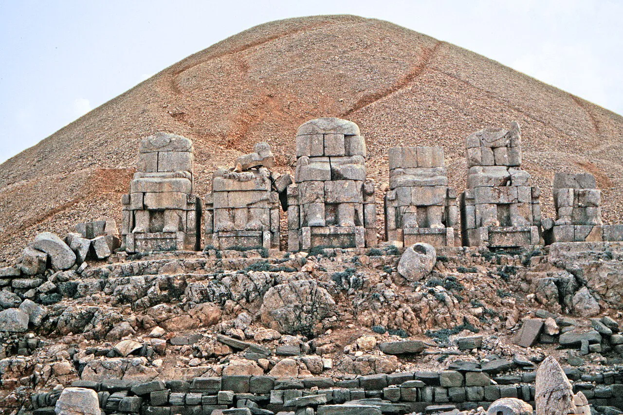 Statues lined up below the summit mound of Mount Nemrut.