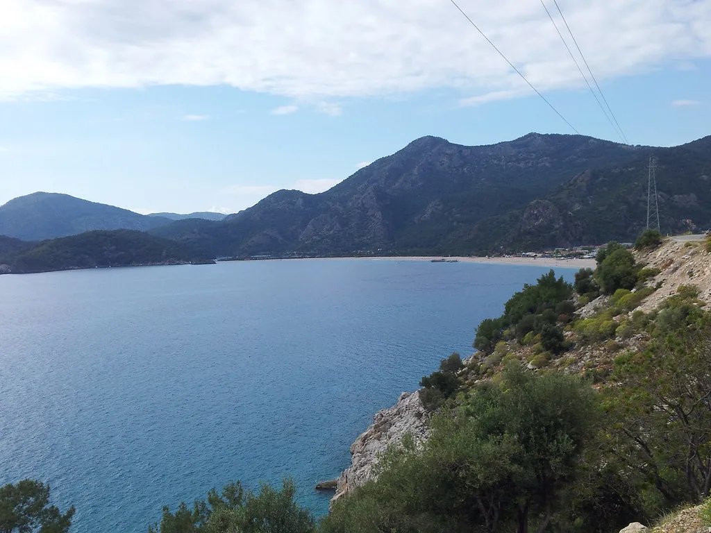 The bay at Ölüdeniz seen from the hillside above.