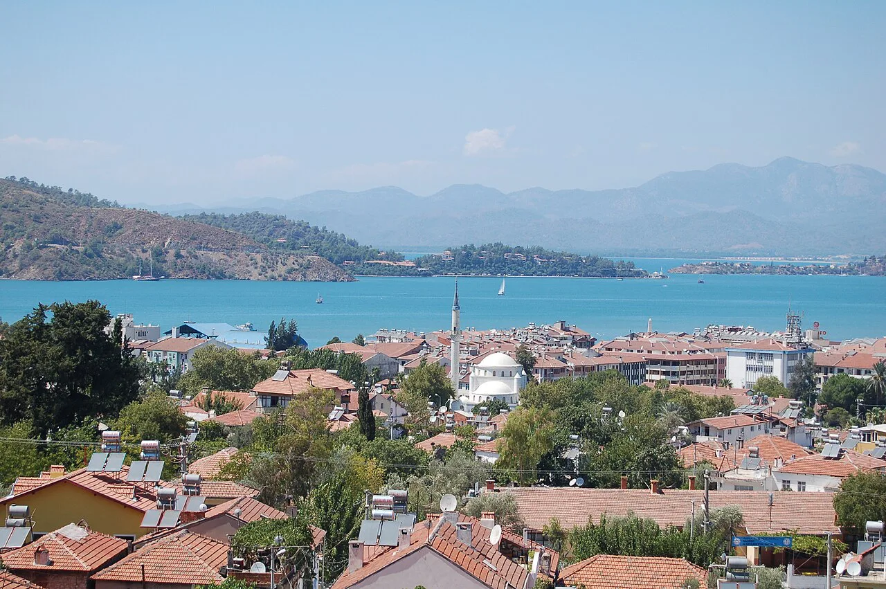 Fethiye and its bay seen from the hillside.