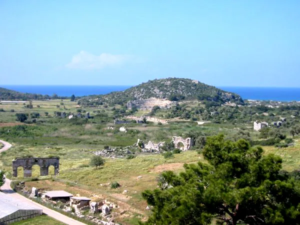 The ruins of Patara with the sea beyond.