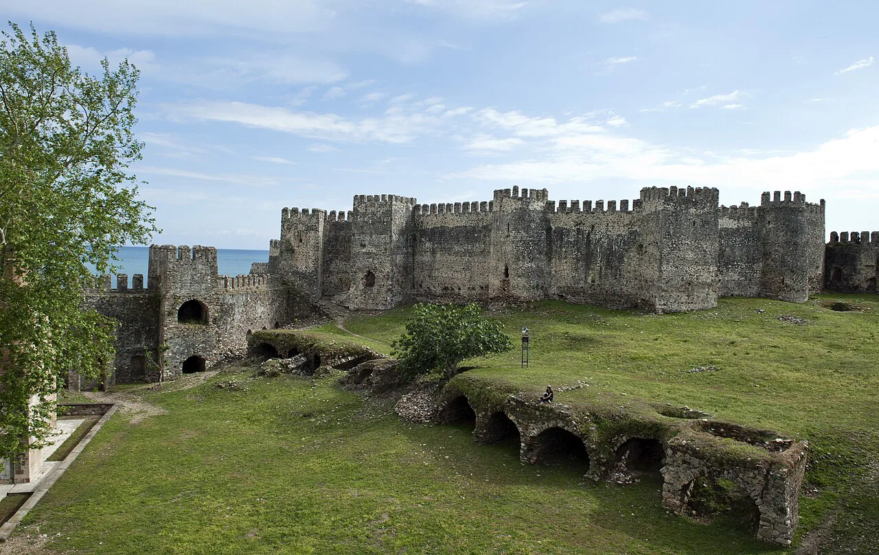 The walls and grassy courtyard inside Mamure Castle, Anamur.