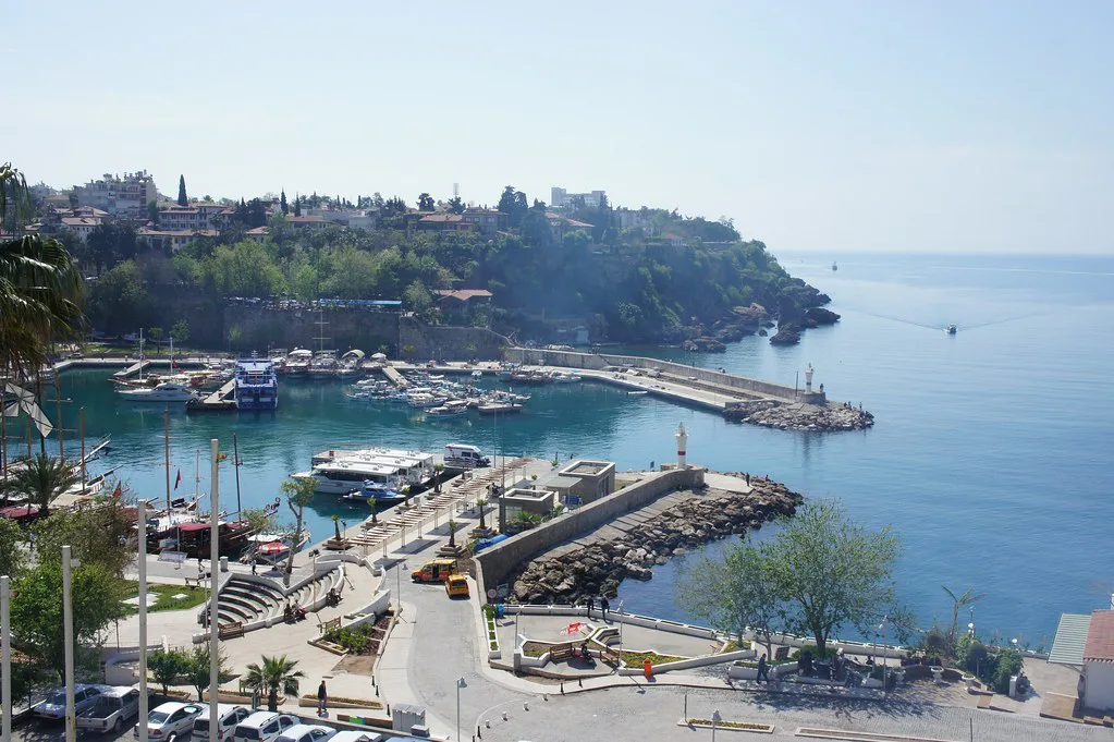 Antalya's old harbour and seafront seen from above.