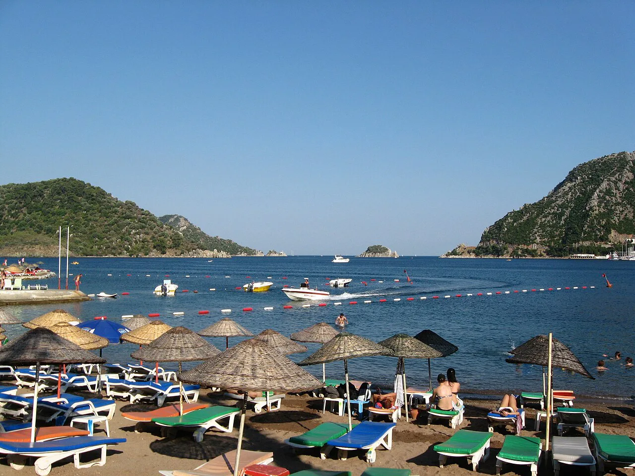 Sunshades and loungers on the beach at İçmeler.