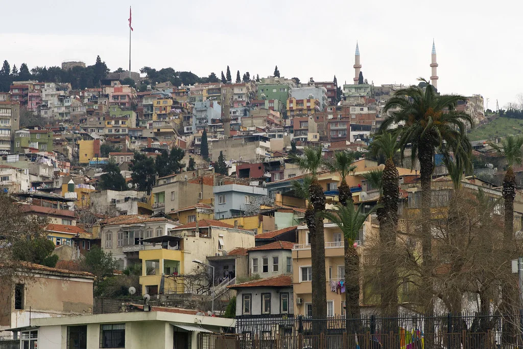 Hillside houses and minarets in İzmir.
