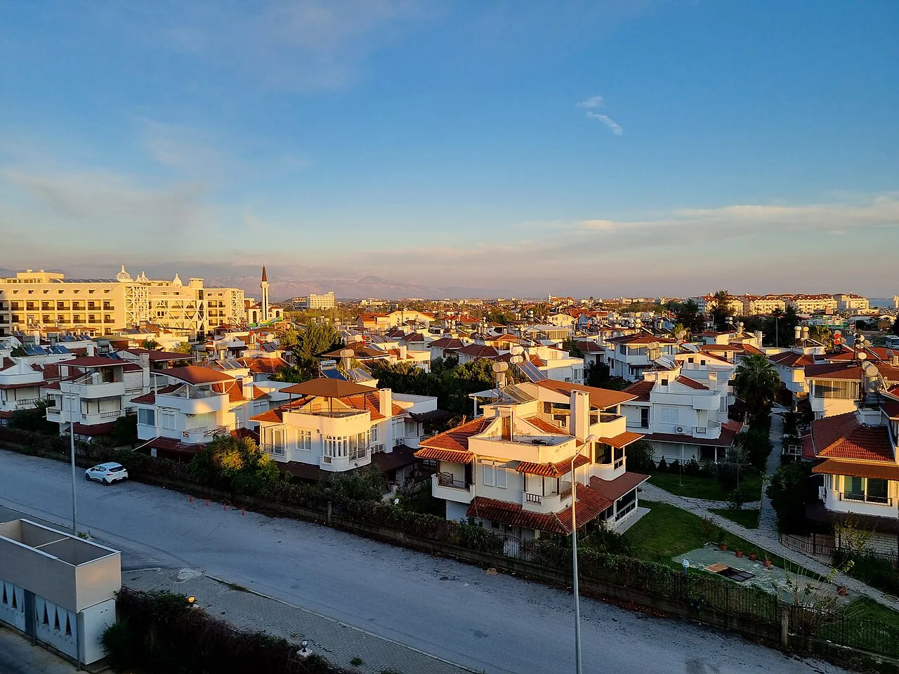 Houses and hotels of Side seen from above.