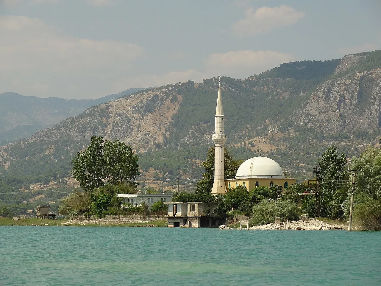 A mosque on the shore of the Manavgat Dam lake in the hills north of Side.
