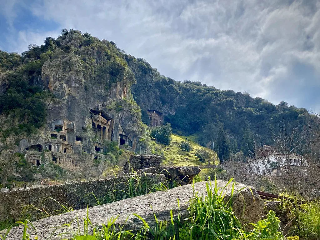 The Lycian rock tombs of ancient Telmessos cut into the cliffs above Fethiye.