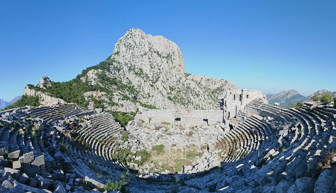 The curved seating of the Termessos theatre in its mountain setting.