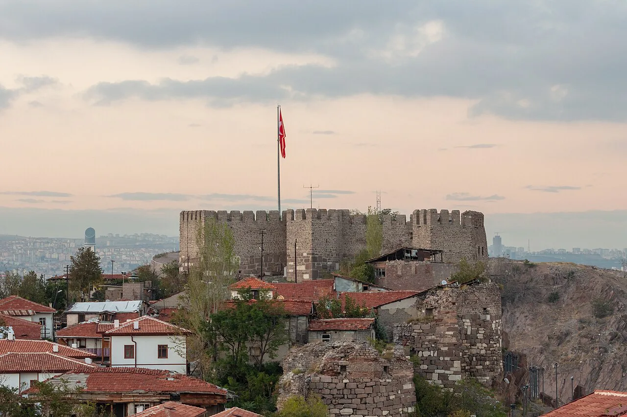 Ankara Castle above the red-roofed houses of the old town.