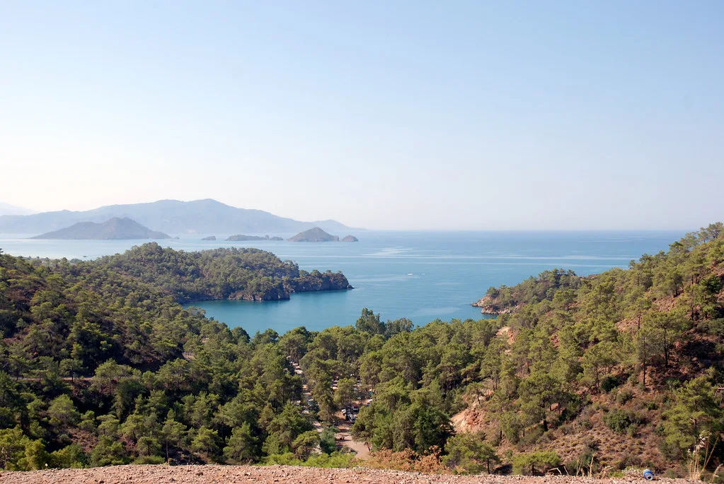 Pine-covered hills and islands on the coast between Ölüdeniz and Hisarönü.