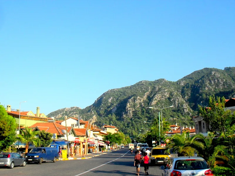 A street in İçmeler with the mountains behind.