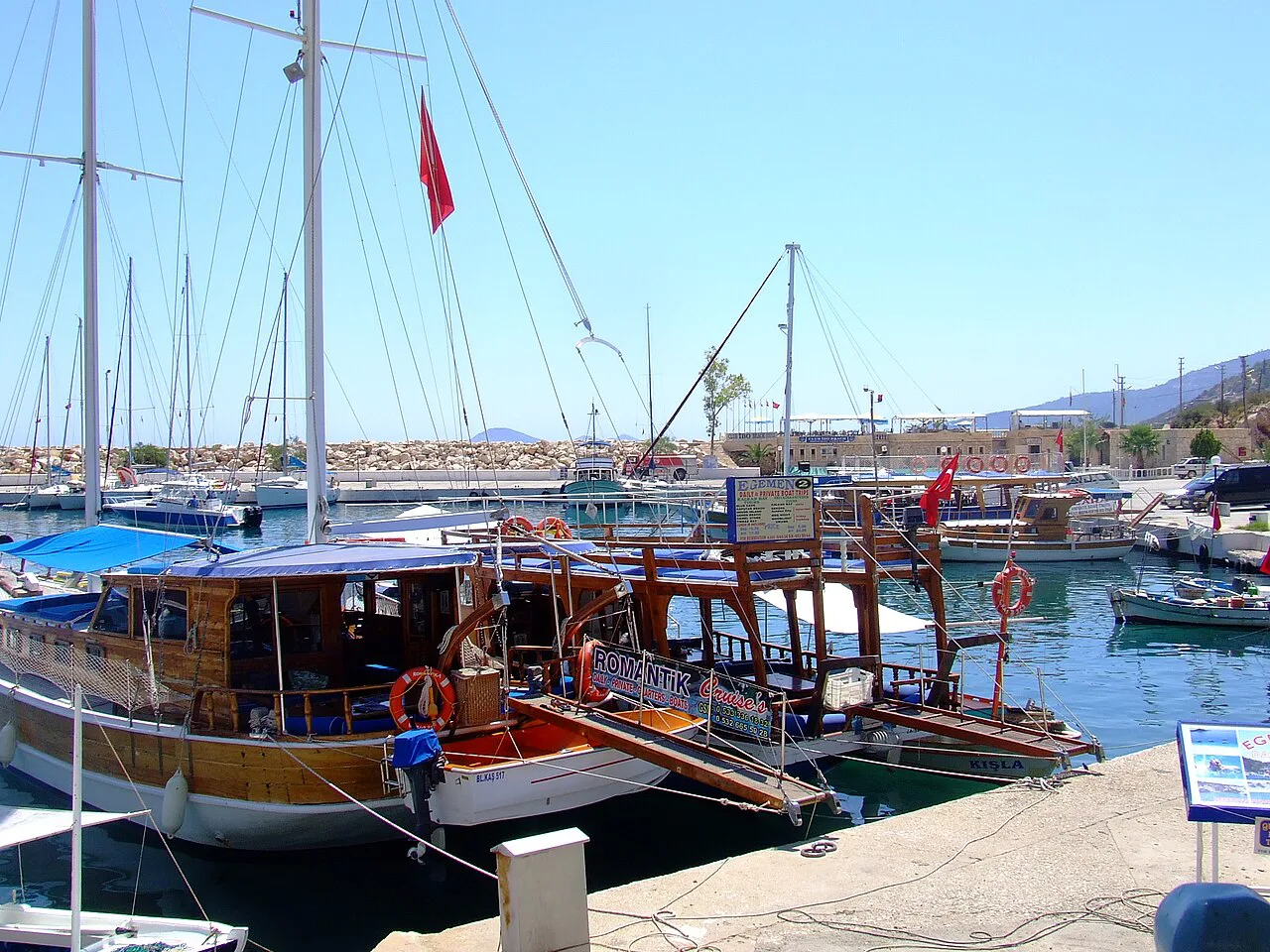 Gulets and yachts moored in Kalkan harbour.